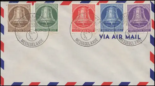 101-105 Glocken-Satz auf Blanko-Luftpost-Umschlag, SST Hannover-Messe 29.4.54
