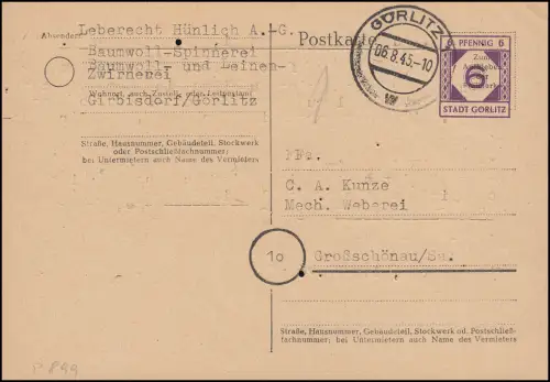 Görlitz Ganzsache P899 Behelfsausgabe 6 Pf. Bedarf Görlitz 6.8.45