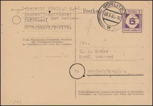 Görlitz Ganzsache P899 Behelfsausgabe 6 Pf. Bedarf Görlitz 6.8.45