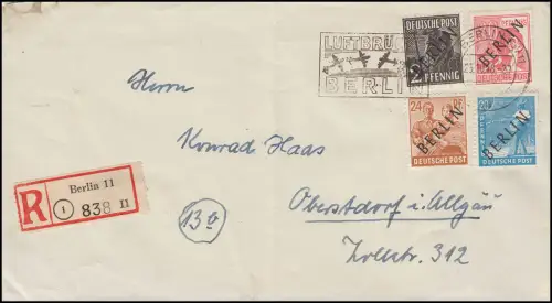 1, 8, 9, 11 Schwarzaufdrucke portogerecht auf R-Brief BERLIN Luftbrücke 25.10.48