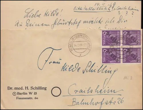 2 Schwarzaufdruck 6 Pf. im Viererblock als MeF Berlin 14.7.49, mit Inhalt