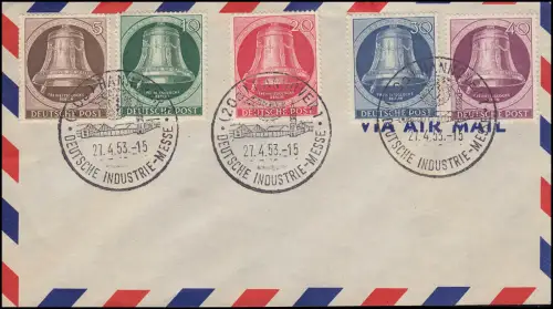 75-79 Glocken-Satz auf Blanko-Luftpost-Umschlag, SST Hannover-Messe 27.4.53