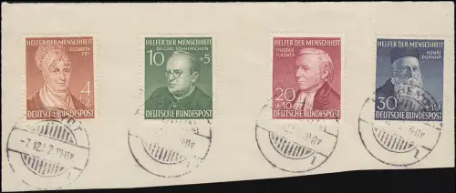 156-159 Wohlfahrt Helfer der Menschheit 1952, Satz auf Briefstück RHEYDT 7.12.52