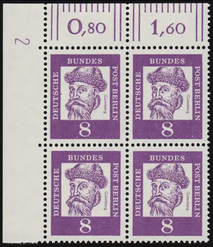 201 DZ Bed. Deutsche 8 Pf Druckerzeichen 2 oben, Eck-Vbl. postfrisch **