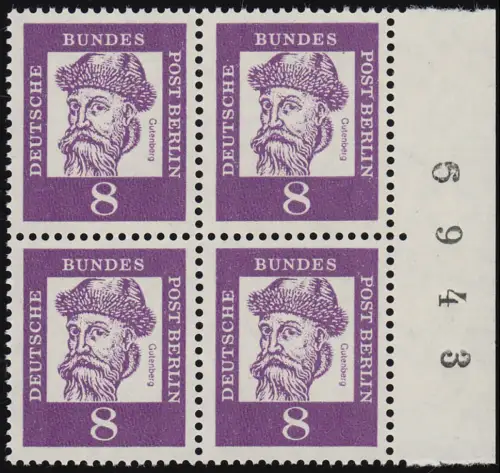 201 Bed. Deutsche 8 Pf Randziffern Viererblock, postfrisch **