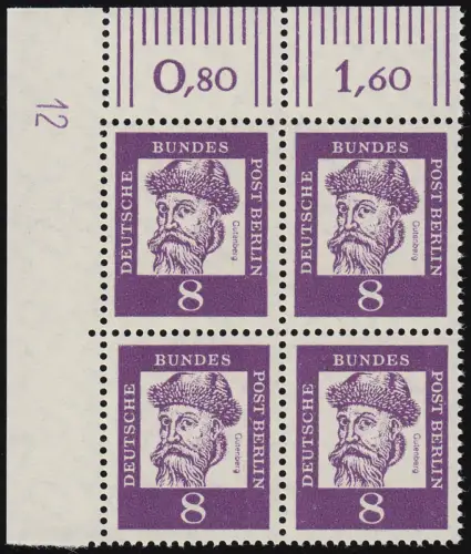 201 DZ Bed. Deutsche 8 Pf Druckerzeichen 12 oben, Eck-Vbl. postfrisch **