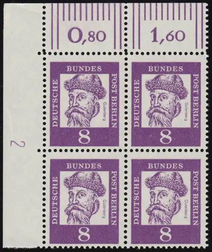 201 DZ Bed. Deutsche 8 Pf Druckerzeichen 2 unten, Eck-Vbl. postfrisch **