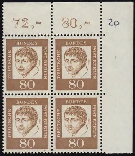 211 Bed. Deutsche 80 Pf Eck-Vbl. or ** postfrisch beschriftet