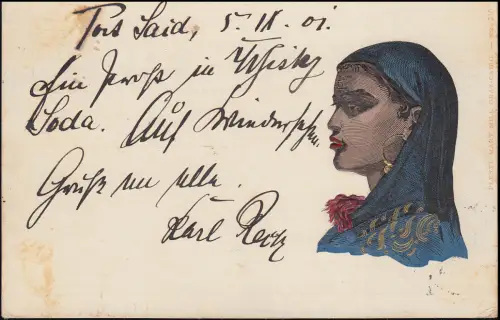 Ansichtskarte Port Said Frau in Tracht nach Oberschefflenz über Karlsruhe 1901