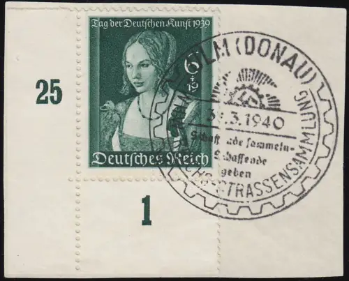 700 Deutsche Kunst Ecke u.l. auf Briefstück SSt ULM Reichs-Straßensammlung 1940