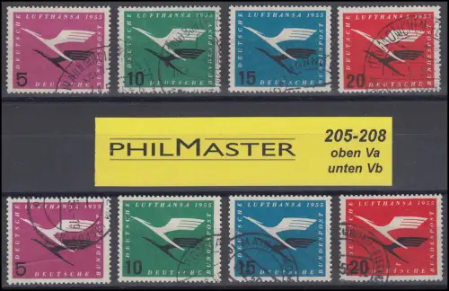 205-208 Lufthansa je ein Satz mit WZ. Va und Vb alle zeitgerecht gestempelt O