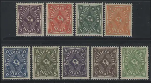 224-232 Posthorn einfarbig 1922/1923, 9 Werte, Satz komplett **