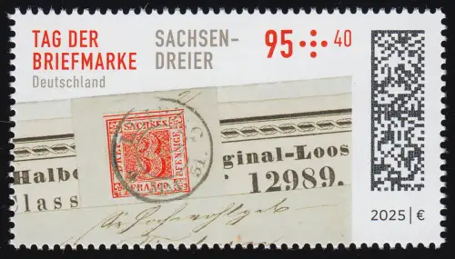 3923 Tag der Briefmarke - Schätze: Sachsen-Dreier, Einzelmarke postfrisch **