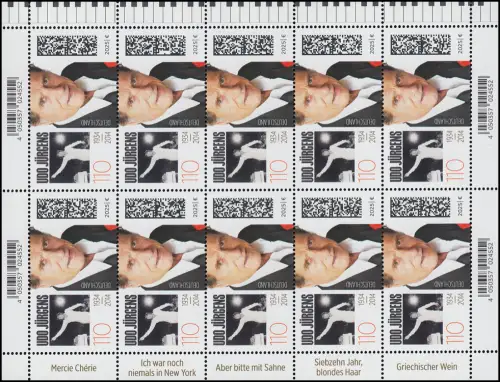 3927 Udo Jürgens, Sänger und Komponist, 10er-Bogen postfrisch **