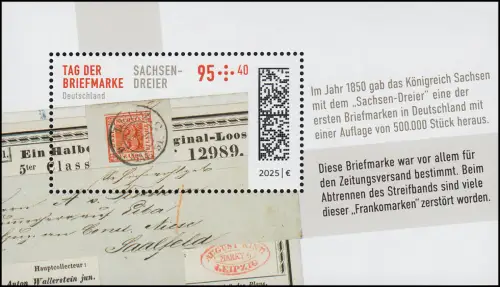 Block 96 2923 Tag der Briefmarke - Schätze: Sachsen-Dreier, postfrisch ** / MNH