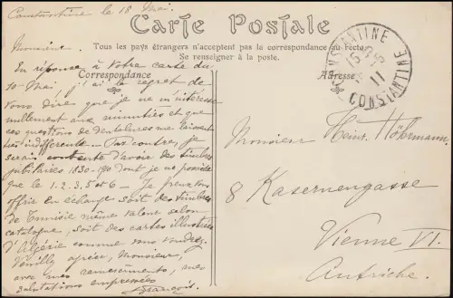 Ansichtskarte Batna über Constantine 18.5.1911 nach Wien