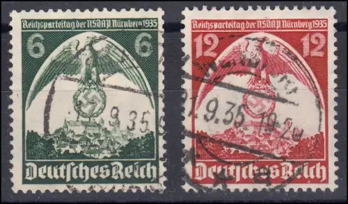 586-587 II Parteitag Nürnberg - Plattenfehler weiße Federn O, 6 Pf. geprüft