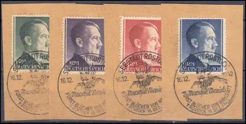 799A-802A Mark-Werte Hitler auf vier Briefstücken, SST Rostock Fürst Blücher
