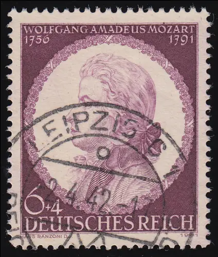 810 II Mozart mit Plattenfehler II Rahmenfleck über OZ, gestempelt O