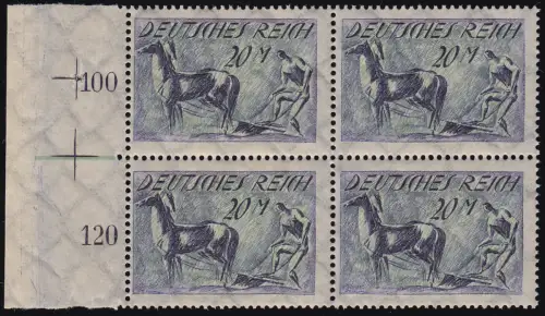 196 Freimarke 20 M. Viererblock links, Passerkreuze und grüner Balken, **