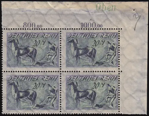 196 Freimarke 20 M. Eckrand-Viererblock oben rechts mit grünem Druckvermerk Oben