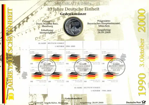 2142 Jahrestag 10 Jahr Deutsche Einheit - Numisblatt 4/2000