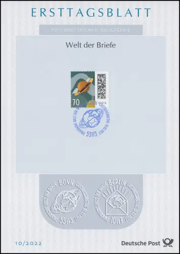 ETB 10/2022 Welt der Briefe 70 Cent, Brief auf Umlaufbahn des Saturn