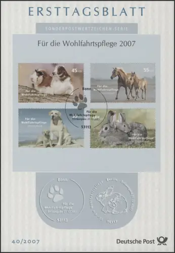 ETB 40/2007 Wohlfahrt, Haustiere, Hund, Kaninchen, Meerschweinchen, Pferde