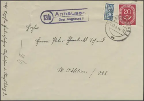 Brief mit Landpost -Stempel 13b Anhausen über Augsburg, 29.4.54