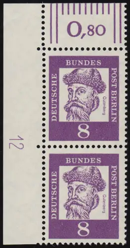 201 DZ Bed. Deutsche 8 Pf Druckerzeichen 12 unten, Paar postfrisch **