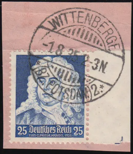 575 I Händel 1935, Randmarke Feld 50 mit Plattenfehler 1585 auf Briefstück