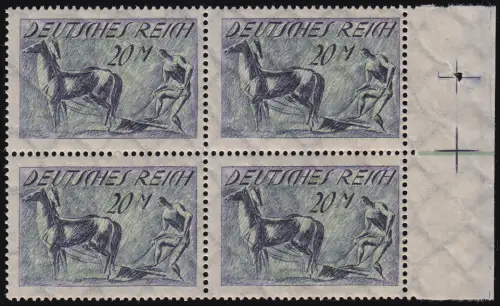 196 Freimarke 20 M. Viererblock rechts, Passerkreuze und grüner Balken, **