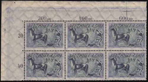 196 Freimarke 20 M. Eckrand-Sechserblock oben links, Passerkreuz oben, **