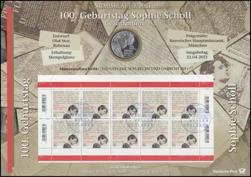 3606 100. Geburtstag von Sophie Scholl - Numisblatt 3/2021