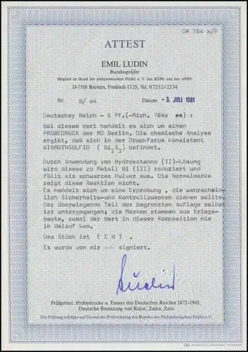 784 x P Hitler 5 Pf Probedruck Wismuthsulfit der Reichsdruckerei Berlin, ** FA Ludin