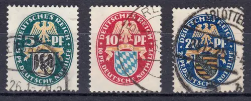 375-377 Nothilfe/Wappen 1925, kompletter Satz gestempelt O