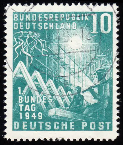 111 VI Bundestag 10 Pf Plattenfehler Dreieck am Ellenbogen, gestempelt O