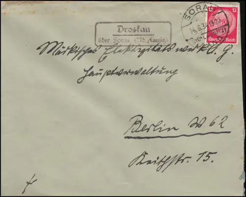Landpost Droslau über Sorau Niederlausitz 14.6.1934