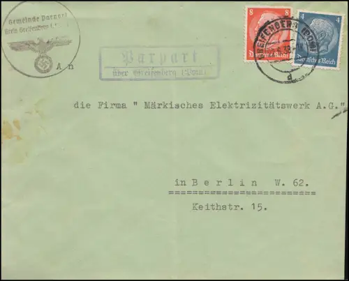 Landpost Parpart über Greifenberg Pommern 22.6.1938
