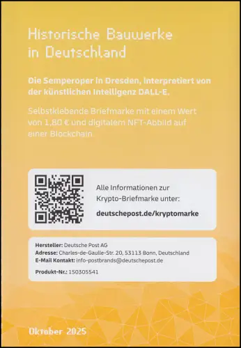 133a Markenheftchen GELB mit 3931 Semperoper, laufende Nr. ÜBER 50000, **