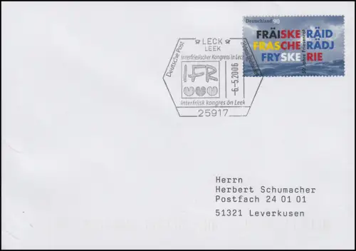 50 Jahre Friesenrat, Brief SSt Leck/Leek Interfriesischer Kongress 6.5.2006