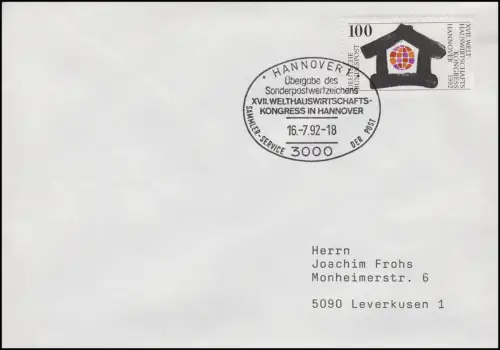 1620 Welthauswirtschaftskongress, EF FDC ESSt Hannover Markenübergabe 16.7.92