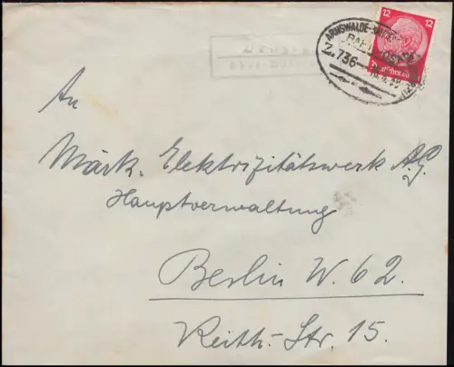 Landpost Denzig über Kallies, Bahnpost Arnswalde 16.5.1939