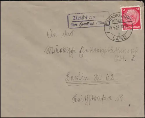 Landpost Neubischofsee (heute Polen) über Frankfurt Oder 20.4.1934