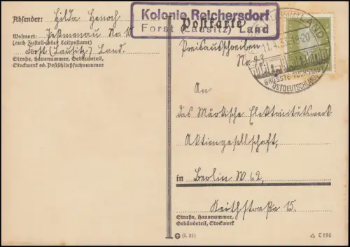 Landpost Kolonie Reichersdorf, Forst (Lausitz) Land 11.4.1933