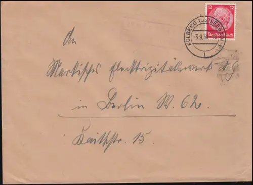 Landpost Peterfitz über Kolberg Ostseebad 3.9.1938