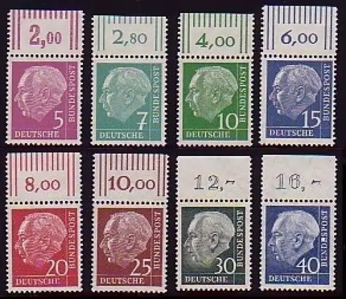 179-260y Heuss lumogen 8 Werte, Oberrand-Satz **