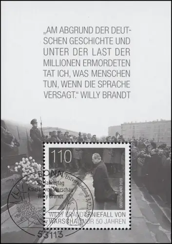 Block 87 Willy Brandt - Kniefall von Warschau, Erstverwendungsstempel BONN 2020