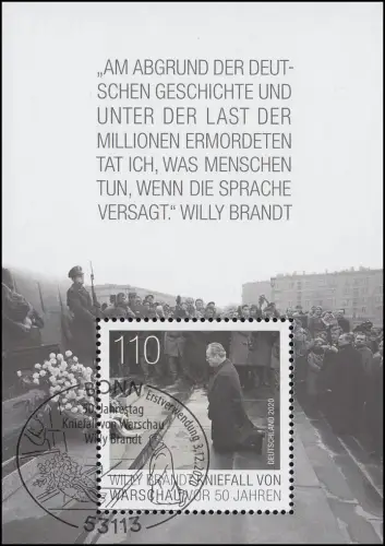 Block 87 Willy Brandt - Kniefall von Warschau, Erstverwendungsstempel BONN 2020