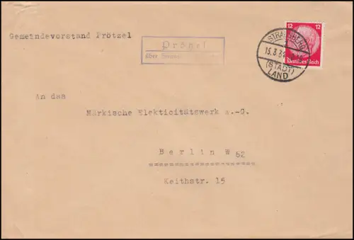 Landpost Prötzel über Strausberg (Stadt) Land, 15.3.1934